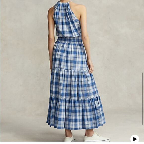 Ralph Lauren Plaid Tiered Cotton Halter Maxi Dress Size 10 - Picture 2 of 16